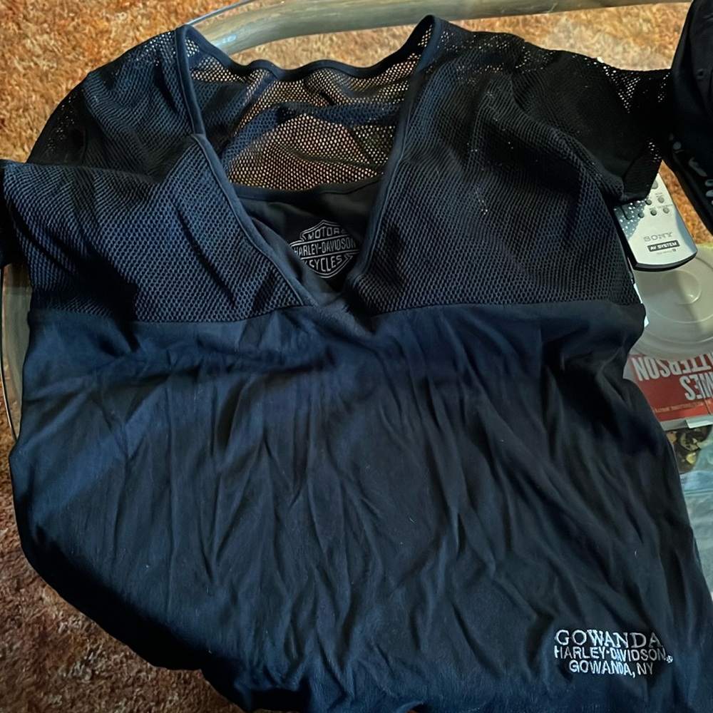 Black top, fish net above breast/sleeves/shoulder,short sleeve, xl, snug on me